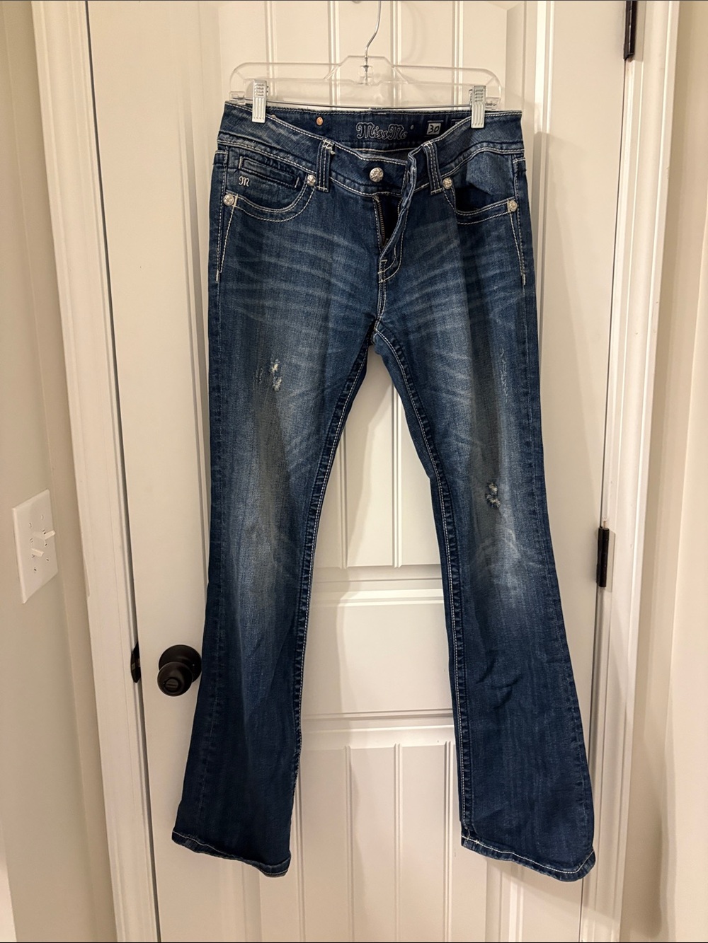 Miss Me Dark Blue Flare Jeans with Subtle Distress